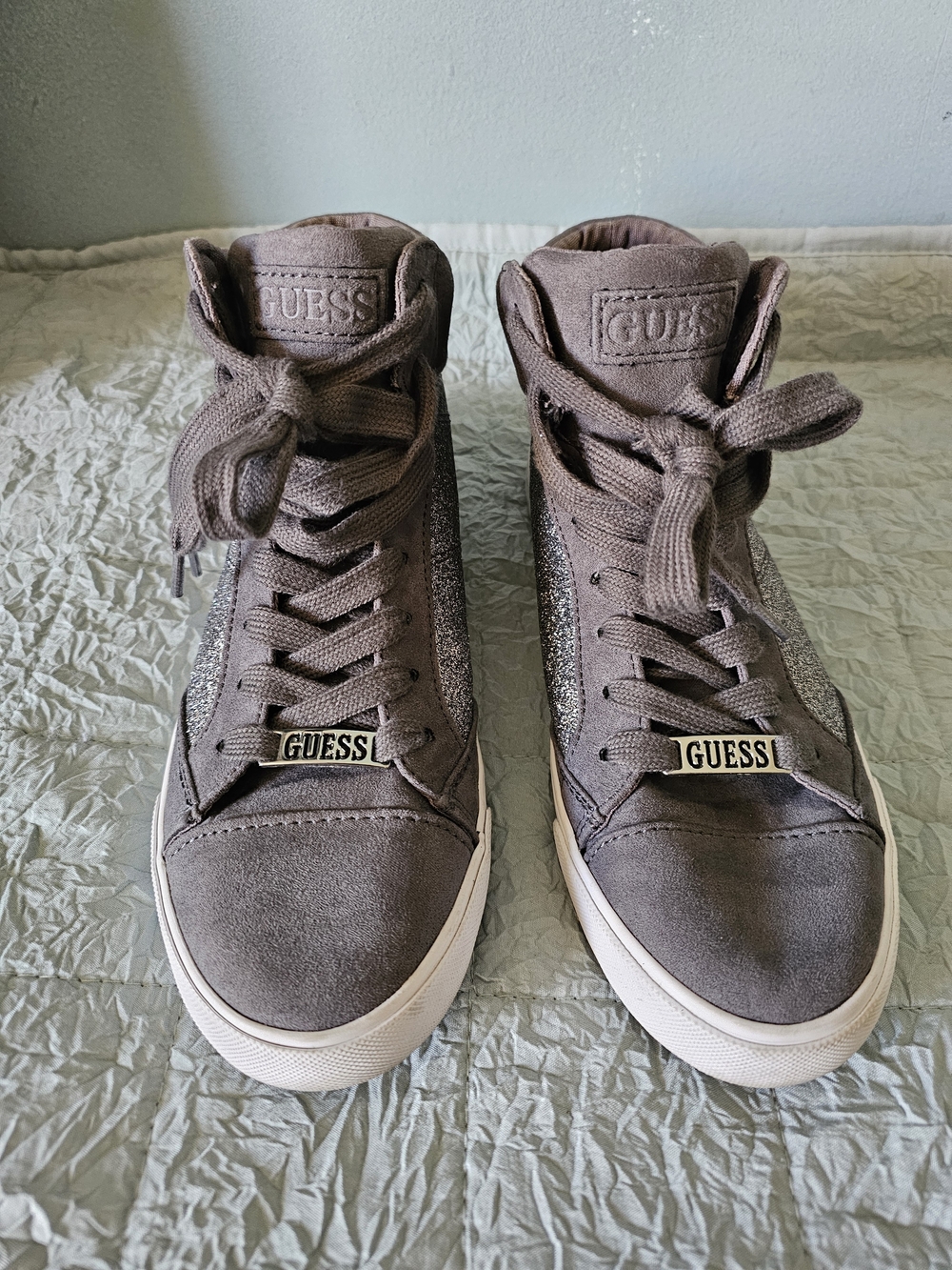 GUESS Taupe Glitter-Panel High-Top Women's Sneakers